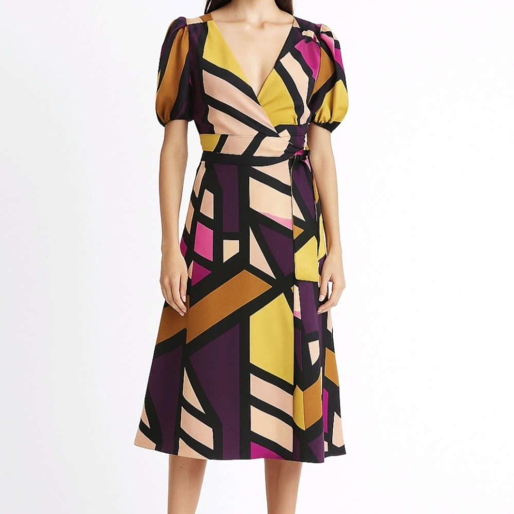 Diane Von Furstenberg Wrap Dress Artie Silk Geometric Short Puff Sleeve …